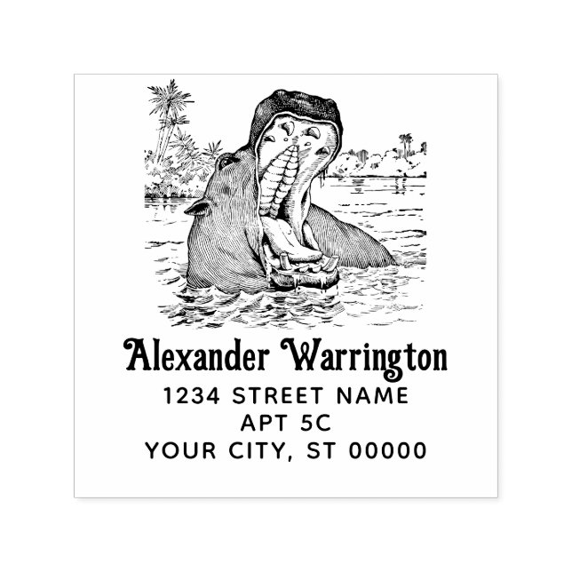 Hippo i Vatten Jaws Wide Open Namn Returadress Självfärgande Stämpel (Design)