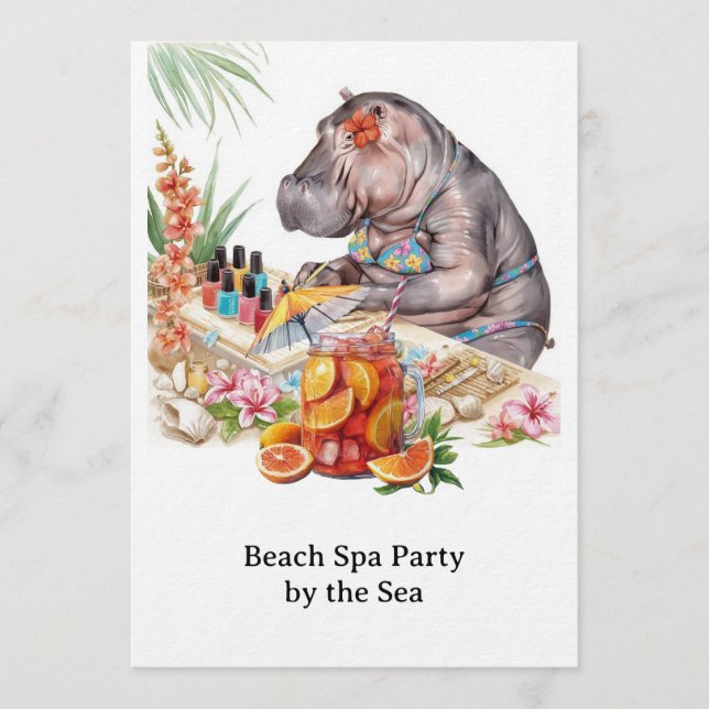  Hippo in Bikini Manicure Coastal Beauty beach spa Inbjudningar (Framsida)
