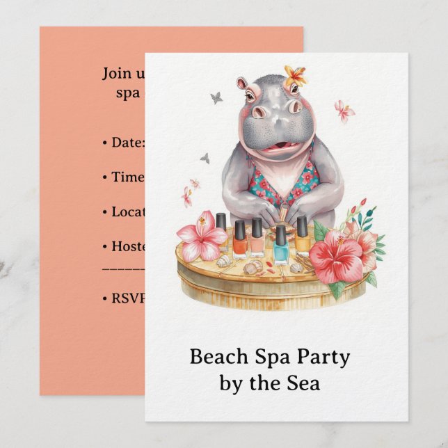  Hippo in Bikini Manicure Coastal Beauty beach spa Inbjudningar (Fram/baksida)