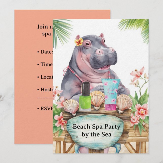  Hippo in Bikini Manicure Coastal Beauty beach spa Inbjudningar (Fram/baksida)