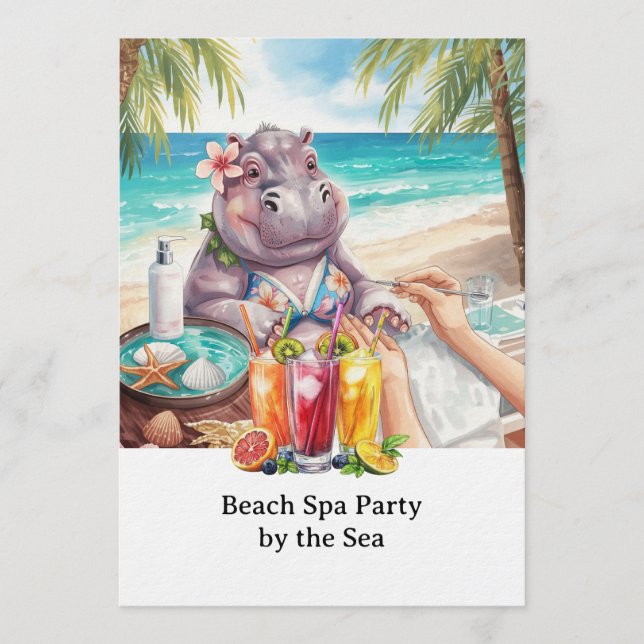 Hippo in Bikini Manicure Coastal Beauty beach spa Inbjudningar (Framsida)