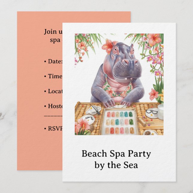  Hippo in Bikini Manicure Coastal Beauty beach spa Inbjudningar (Fram/baksida)