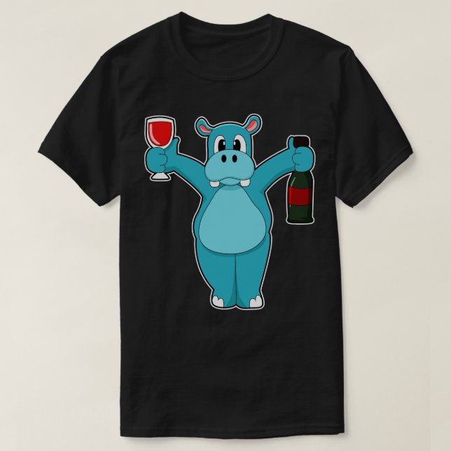 Hippo med glaset Vin Flaska Vin T Shirt (Design framsida)