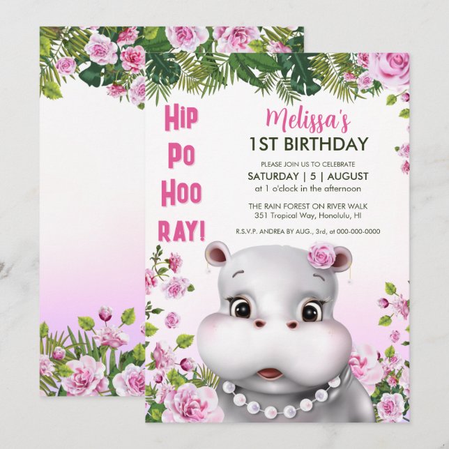 Hippo Pearls Rosa Blommigt Girl Birthday Inbjudningar (Fram/baksida)