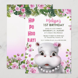 Hippo Pearls Rosa Blommigt Girl Birthday Inbjudningar