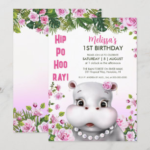 Hippo Pearls Rosa Blommigt Girl Birthday Inbjudningar