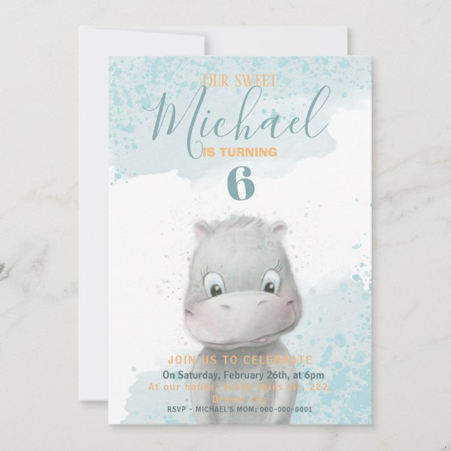 Hippo-pojkens födelsedagsfest inbjudan 2-rygg (Framsida)