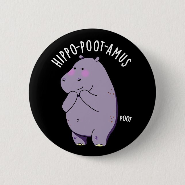 Hippo-poot-amus Funny Farting Hippo Pun Mörk BG Knapp (Framsida)
