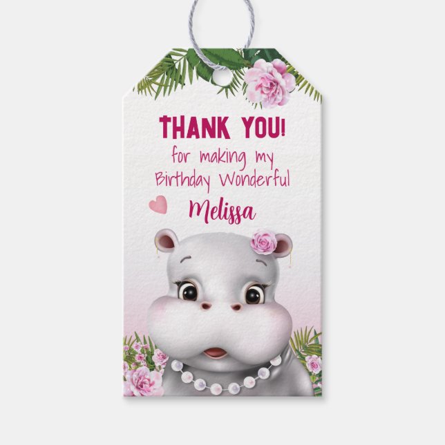 Hippo Rosa Blommigt Birthday Tack Presentetikett (Framsidan)