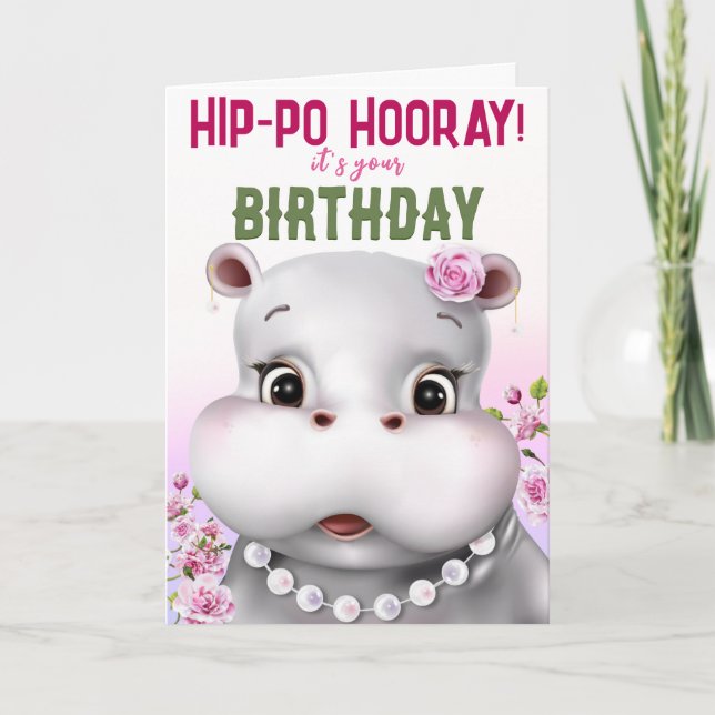 Hippo Rosa Blommigt Girl Birthday Kort (Framsida)