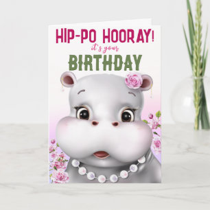Hippo Rosa Blommigt Girl Birthday Kort