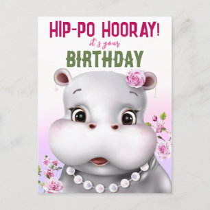 Hippo Rosa Blommigt Girl Birthday Vykort
