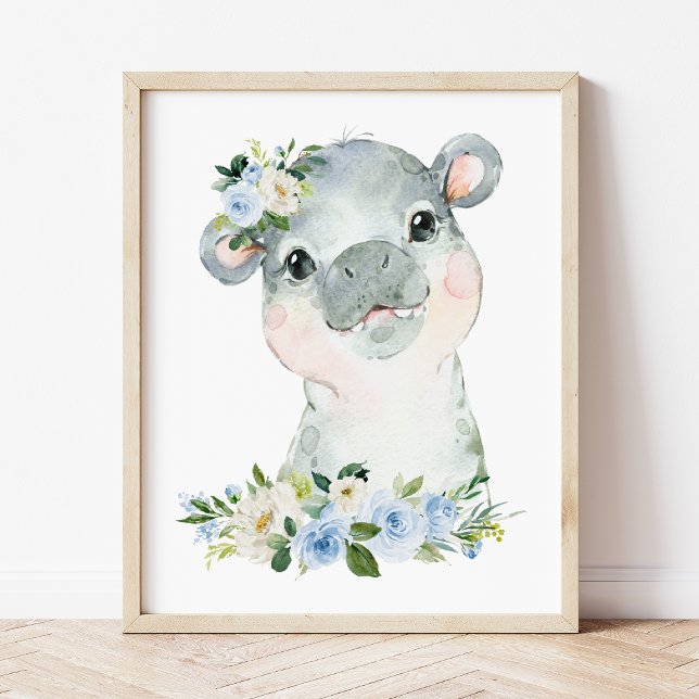 Hippo, Safari, Jungle, Blåa blommor, Boy Nursery Poster (Skapare uppladdad)