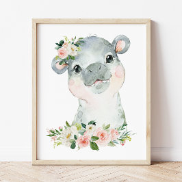 Hippo, Safari, Jungle, Rosa Flowers, Girl Nursery Fototryck