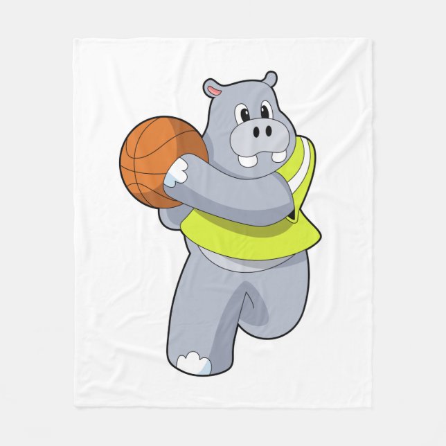Hippo som basketspelare med Basketball.PNG Fleecefilt (Framsidan)