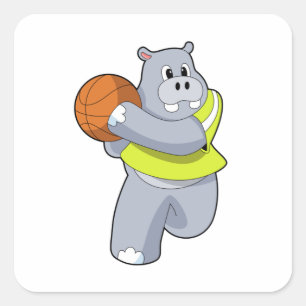 Hippo som basketspelare med Basketball.PNG Fyrkantigt Klistermärke