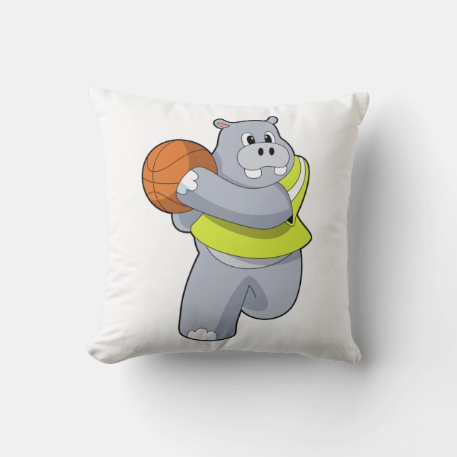 Hippo som basketspelare med Basketball.PNG Kudde (Framsida)