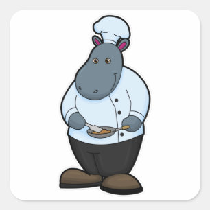 Hippo som Cook med Pan Fyrkantigt Klistermärke