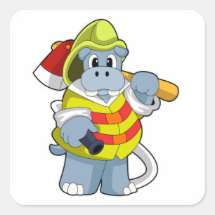Hippo som Firefighter med Ax Fyrkantigt Klistermärke