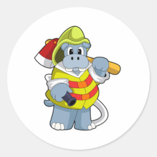 Hippo som Firefighter med Ax Runt Klistermärke