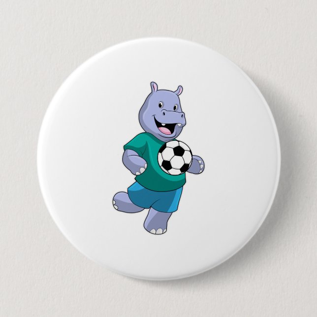 Hippo som fotbollsspelare med fotboll knapp (Framsida)