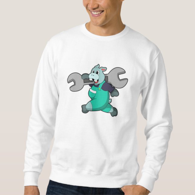 Hippo som Mechanic med Wrench Lång Ärmad Tröja (Framsida)