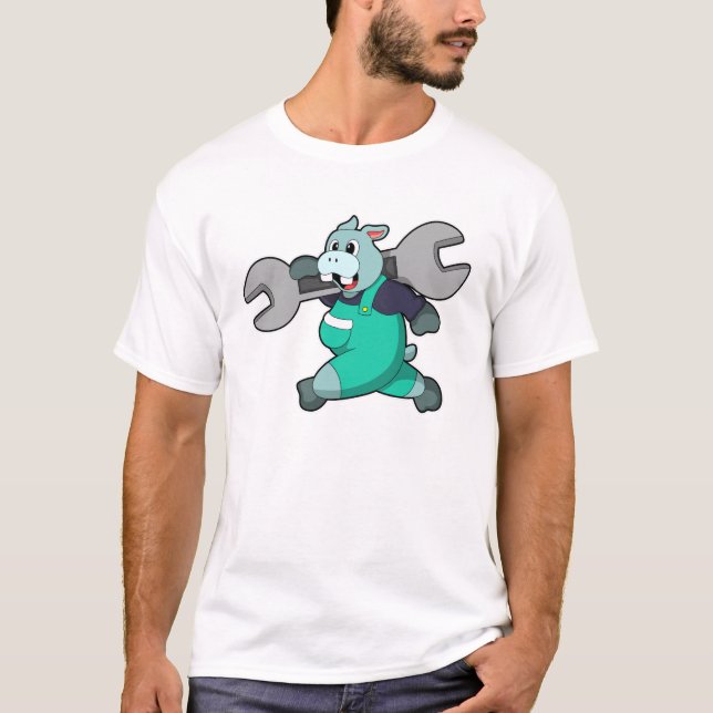 Hippo som Mechanic med Wrench T Shirt (Framsida)