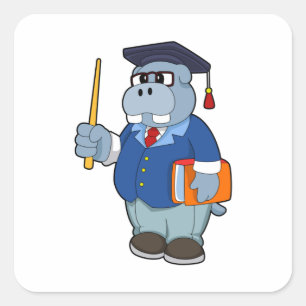 Hippo som professor i Bok Fyrkantigt Klistermärke