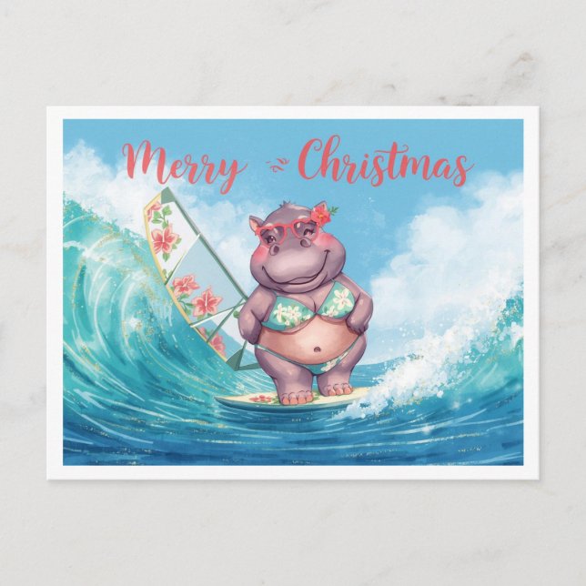 Hippo Surfer on Surf Board on Christmas Holiday  Vykort (Framsida)
