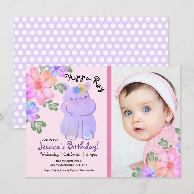 Hippo Watercolor Birthday Girly Blommigt Inbjudningar (Fram/baksida)