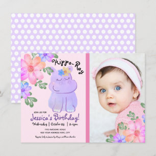 Hippo Watercolor Birthday Girly Blommigt Inbjudningar