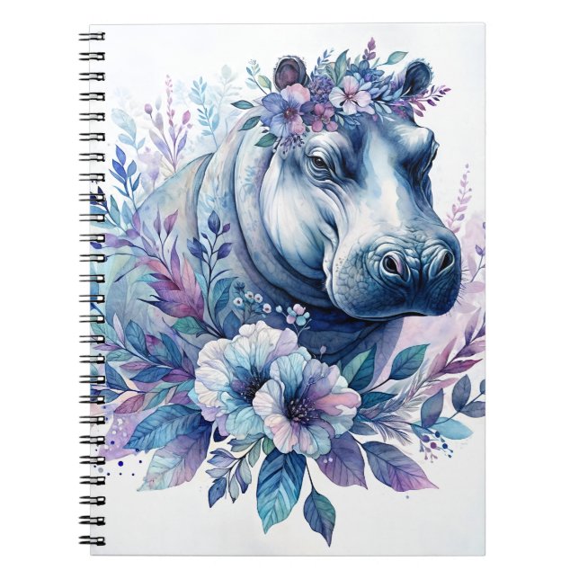Hippo Watercolor Blommigt Art Anteckningsbok (Framsidan)