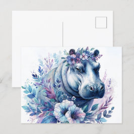 Hippo Watercolor Blommigt Art Vykort