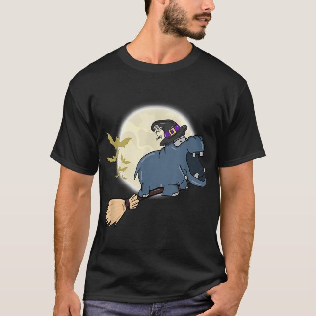 Hippo Witch Hat Riding Broom Stick Zoo Animal Kärl T Shirt (Framsida)