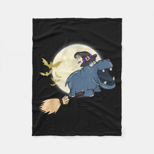 Hippo Witch Riding Broom Funny Halloween Animal Fleecefilt (Framsidan)