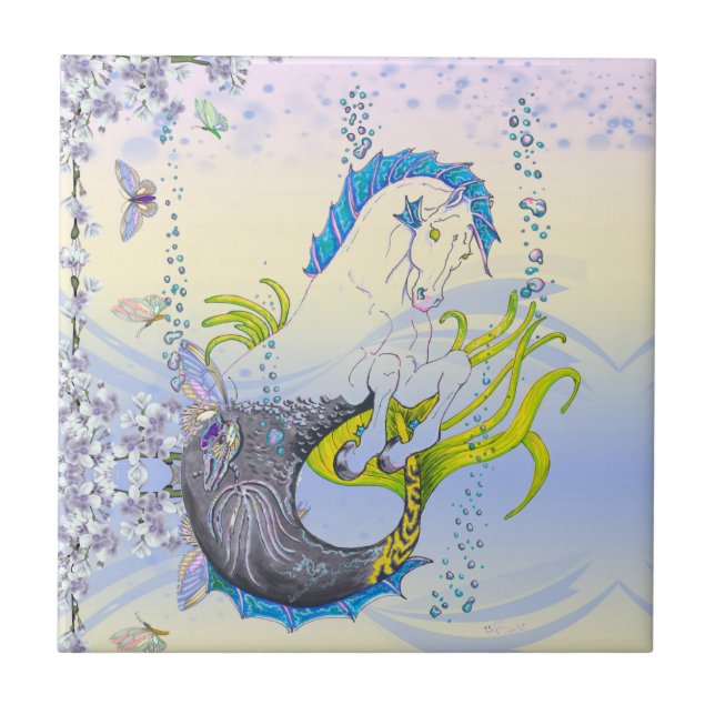 Hippocampus (skalle) (blått/lila/beige) kakelplatta (Framsidan)