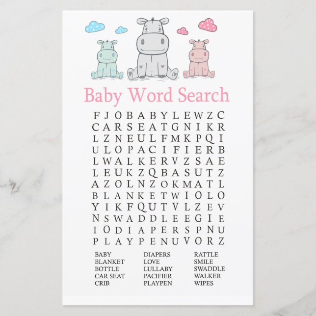 Hippopotamus Baby Shower Ord Search-spel (Framsida)