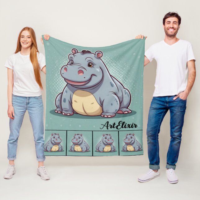 Hippopotamus Funny Kawaii Blue Skriv ut Fleecefilt (På plats)