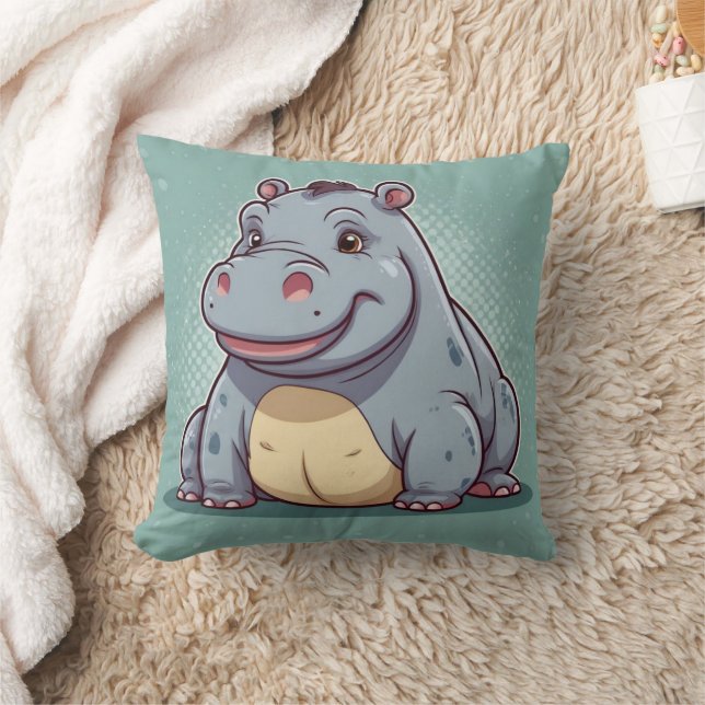 Hippopotamus Funny Kawaii Blue Skriv ut Kudde (Filt)