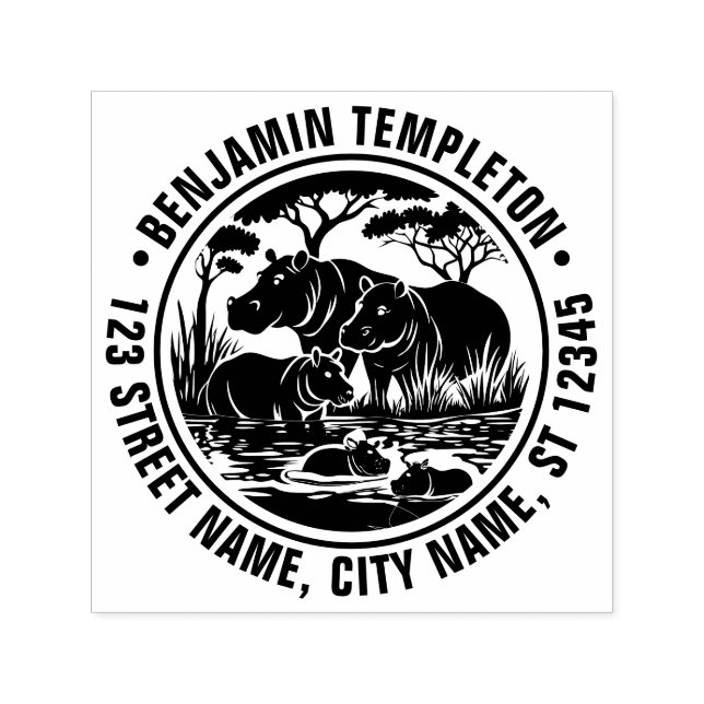 Hippopotamus Hippos vid Vatten Namn Returadress Självfärgande Stämpel (Design)