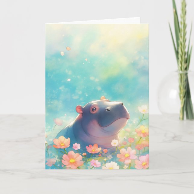 Hippopotamus i Blommigt Bloom Kort (Framsida)