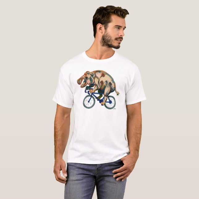Hippopotamus Riding a Bicycle T Shirt (Hel framsida)