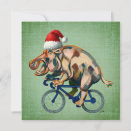 Hippopotamus Riding a Bicycle with Santa Hat Julkort