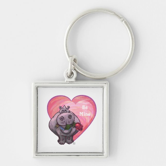 Hippopotamus Valentindagen Fyrkantig Silverfärgad Nyckelring (Framsidan)