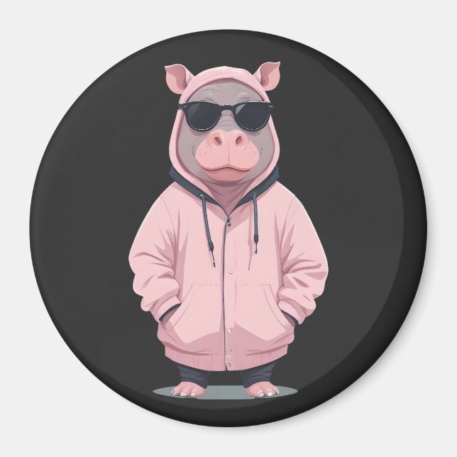 Hippopotamus Wearing Hoodie Funny Coola Animal Pop Magnet (Framsidan)