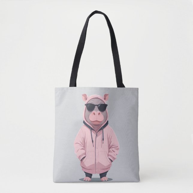 Hippopotamus Wearing Hoodie Funny Coola Animal Pop Tygkasse (Framsida)