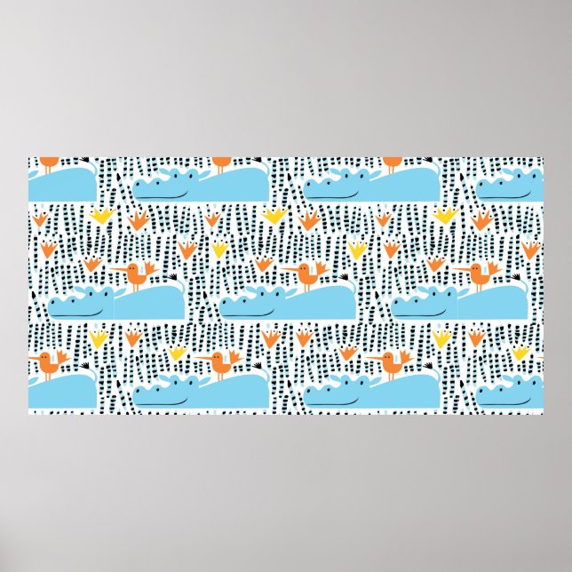 Hippos och fåglar i mönster, sömlösa, sjö poster (Framsidan)