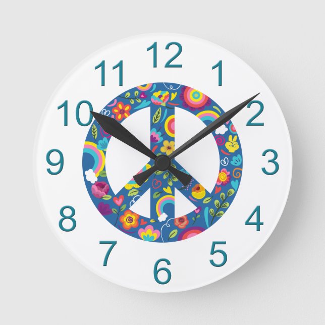 Hippy 60s Boho-Fredsteckenet Round Clock Rund Klocka (Framsida)