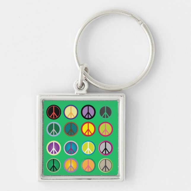 Hippy fredstecken 60 s färglöst mönster fyrkantig silverfärgad nyckelring (Framsidan)
