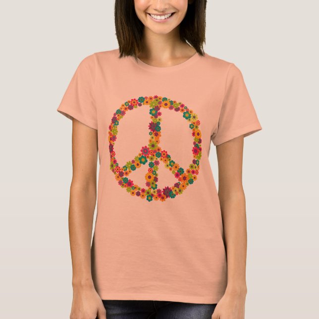 Hippy fredstecken-blommor t shirt (Framsida)